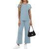 image:imageXIEERDUO 2 Piece Sets for Women Crew Neck Travel Airport Outfits Summer Fashion Clothing Cap Sleeve Tops Wide Legs Pants SetLight Blue
