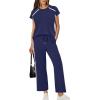 image:imageXIEERDUO 2 Piece Sets for Women Crew Neck Travel Airport Outfits Summer Fashion Clothing Cap Sleeve Tops Wide Legs Pants SetNavy Blue