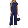 image:imageXIEERDUO 2 Piece Sets for Women Crew Neck Travel Airport Outfits Summer Fashion Clothing Cap Sleeve Tops Wide Legs Pants SetNavy Blue