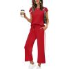image:imageXIEERDUO 2 Piece Sets for Women Crew Neck Travel Airport Outfits Summer Fashion Clothing Cap Sleeve Tops Wide Legs Pants SetRed