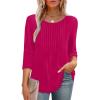image:imageXIEERDUO 34 Length Sleeve Tops for Women 2026 Crewneck Casual Pleated Tunic Tops Shirts BlousesAhot Pink