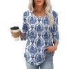 image:imageXIEERDUO 34 Length Sleeve Tops for Women 2026 Crewneck Casual Pleated Tunic Tops Shirts BlousesFbeige Blue Ethnic