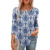 image:imageXIEERDUO 34 Length Sleeve Tops for Women 2026 Crewneck Casual Pleated Tunic Tops Shirts BlousesFbeige Blue Ethnic