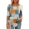 image:imageXIEERDUO 34 Length Sleeve Tops for Women 2026 Crewneck Casual Pleated Tunic Tops Shirts BlousesFbeige Brown Grid