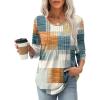 image:imageXIEERDUO 34 Length Sleeve Tops for Women 2026 Crewneck Casual Pleated Tunic Tops Shirts BlousesFbeige Brown Grid