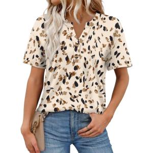image:imageWomens Short Sleeve Tops Dressy Casual V Neck Oversized Summer Trendy Shirts Business Work BlousesApricot Print