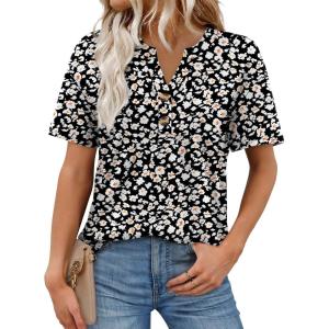 image:imageWomens Short Sleeve Tops Dressy Casual V Neck Oversized Summer Trendy Shirts Business Work BlousesBlack Flower