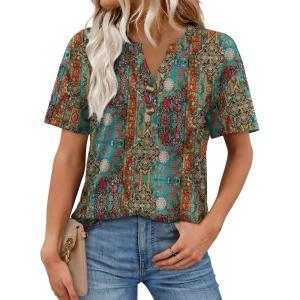 image:imageWomens Short Sleeve Tops Dressy Casual V Neck Oversized Summer Trendy Shirts Business Work BlousesBlue Orange Pattern