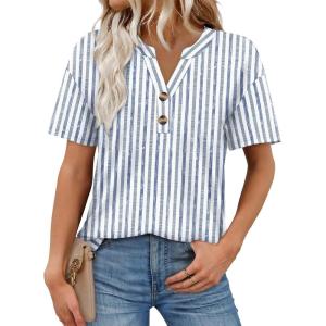image:imageWomens Short Sleeve Tops Dressy Casual V Neck Oversized Summer Trendy Shirts Business Work BlousesBlue White Stripes