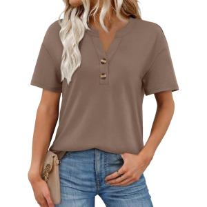 image:imageWomens Short Sleeve Tops Dressy Casual V Neck Oversized Summer Trendy Shirts Business Work BlousesCoffee