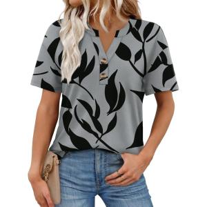 image:imageWomens Short Sleeve Tops Dressy Casual V Neck Oversized Summer Trendy Shirts Business Work BlousesGrey Black Leaves
