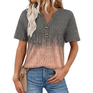 image:imageWomens Short Sleeve Tops Dressy Casual V Neck Oversized Summer Trendy Shirts Business Work BlousesGrey Pink Print
