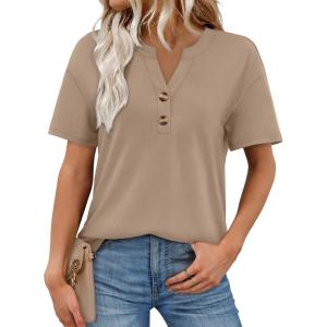 image:imageWomens Short Sleeve Tops Dressy Casual V Neck Oversized Summer Trendy Shirts Business Work BlousesKhaki