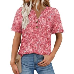 image:imageWomens Short Sleeve Tops Dressy Casual V Neck Oversized Summer Trendy Shirts Business Work BlousesRose Red Print