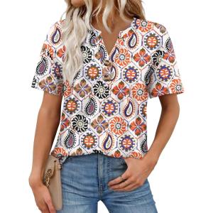image:imageWomens Short Sleeve Tops Dressy Casual V Neck Oversized Summer Trendy Shirts Business Work BlousesWhite Patterned Flower