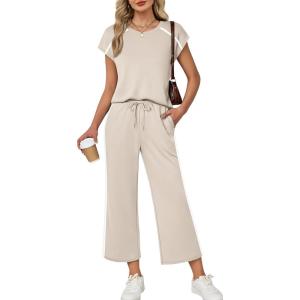 image:imageXIEERDUO 2 Piece Sets for Women Crew Neck Travel Airport Outfits Summer Fashion Clothing Cap Sleeve Tops Wide Legs Pants SetBeige