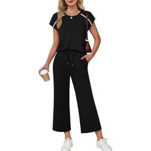 image:imageXIEERDUO 2 Piece Sets for Women Crew Neck Travel Airport Outfits Summer Fashion Clothing Cap Sleeve Tops Wide Legs Pants SetBlack