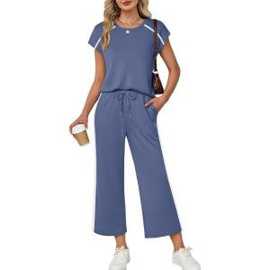 image:imageXIEERDUO 2 Piece Sets for Women Crew Neck Travel Airport Outfits Summer Fashion Clothing Cap Sleeve Tops Wide Legs Pants SetBlue