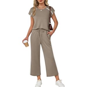 image:imageXIEERDUO 2 Piece Sets for Women Crew Neck Travel Airport Outfits Summer Fashion Clothing Cap Sleeve Tops Wide Legs Pants SetBrown