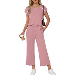 image:imageXIEERDUO 2 Piece Sets for Women Crew Neck Travel Airport Outfits Summer Fashion Clothing Cap Sleeve Tops Wide Legs Pants SetCoral