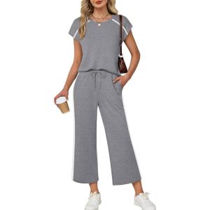 image:imageXIEERDUO 2 Piece Sets for Women Crew Neck Travel Airport Outfits Summer Fashion Clothing Cap Sleeve Tops Wide Legs Pants SetGrey