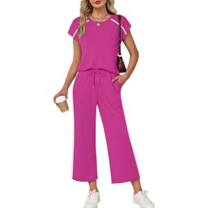 image:imageXIEERDUO 2 Piece Sets for Women Crew Neck Travel Airport Outfits Summer Fashion Clothing Cap Sleeve Tops Wide Legs Pants SetHot Pink