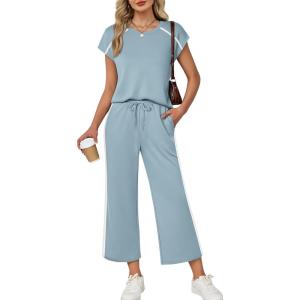 image:imageXIEERDUO 2 Piece Sets for Women Crew Neck Travel Airport Outfits Summer Fashion Clothing Cap Sleeve Tops Wide Legs Pants SetLight Blue