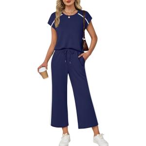 image:imageXIEERDUO 2 Piece Sets for Women Crew Neck Travel Airport Outfits Summer Fashion Clothing Cap Sleeve Tops Wide Legs Pants SetNavy Blue