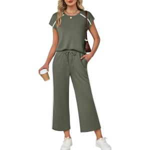 image:imageXIEERDUO 2 Piece Sets for Women Crew Neck Travel Airport Outfits Summer Fashion Clothing Cap Sleeve Tops Wide Legs Pants SetOlive Green