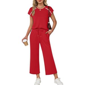 image:imageXIEERDUO 2 Piece Sets for Women Crew Neck Travel Airport Outfits Summer Fashion Clothing Cap Sleeve Tops Wide Legs Pants SetRed