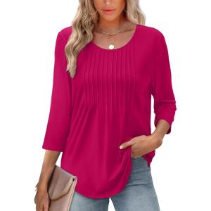 image:imageXIEERDUO 34 Length Sleeve Tops for Women 2026 Crewneck Casual Pleated Tunic Tops Shirts BlousesAhot Pink