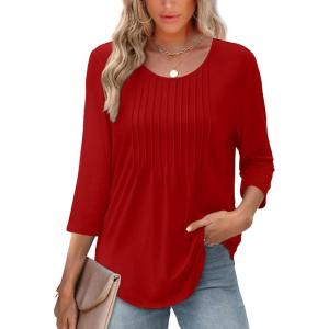 image:imageXIEERDUO 34 Length Sleeve Tops for Women 2026 Crewneck Casual Pleated Tunic Tops Shirts BlousesAred