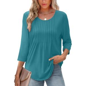 image:imageXIEERDUO 34 Length Sleeve Tops for Women 2026 Crewneck Casual Pleated Tunic Tops Shirts BlousesAturquoise