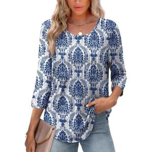 image:imageXIEERDUO 34 Length Sleeve Tops for Women 2026 Crewneck Casual Pleated Tunic Tops Shirts BlousesFbeige Blue Ethnic