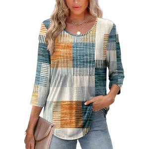 image:imageXIEERDUO 34 Length Sleeve Tops for Women 2026 Crewneck Casual Pleated Tunic Tops Shirts BlousesFbeige Brown Grid