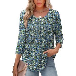 image:imageXIEERDUO 34 Length Sleeve Tops for Women 2026 Crewneck Casual Pleated Tunic Tops Shirts BlousesFblue Floral