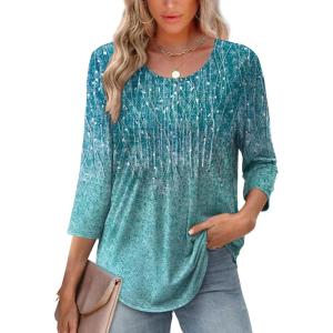 image:imageXIEERDUO 34 Length Sleeve Tops for Women 2026 Crewneck Casual Pleated Tunic Tops Shirts BlousesFblue Gradient