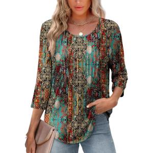 image:imageXIEERDUO 34 Length Sleeve Tops for Women 2026 Crewneck Casual Pleated Tunic Tops Shirts BlousesFblue Orange Print