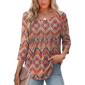 image:imageXIEERDUO 34 Length Sleeve Tops for Women 2026 Crewneck Casual Pleated Tunic Tops Shirts BlousesFboho