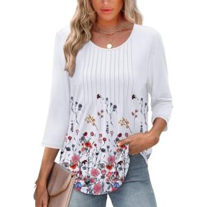 image:imageXIEERDUO 34 Length Sleeve Tops for Women 2026 Crewneck Casual Pleated Tunic Tops Shirts BlousesFdandelion