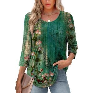 image:imageXIEERDUO 34 Length Sleeve Tops for Women 2026 Crewneck Casual Pleated Tunic Tops Shirts BlousesFgreen Floral