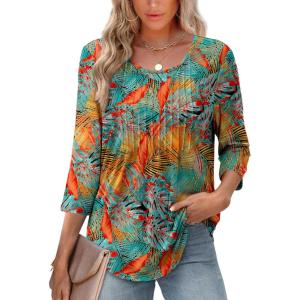 image:imageXIEERDUO 34 Length Sleeve Tops for Women 2026 Crewneck Casual Pleated Tunic Tops Shirts BlousesFtropical Sunset Grove