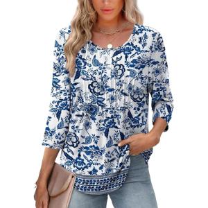 image:imageXIEERDUO 34 Length Sleeve Tops for Women 2026 Crewneck Casual Pleated Tunic Tops Shirts BlousesFwhite Blue Ethnic