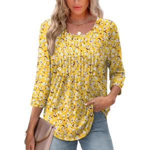 image:imageXIEERDUO 34 Length Sleeve Tops for Women 2026 Crewneck Casual Pleated Tunic Tops Shirts BlousesFyellow White Daisies