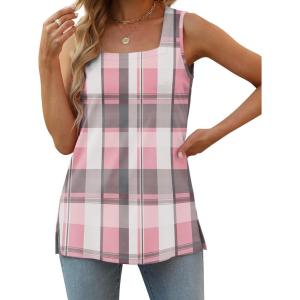 image:imageXIEERDUO Summer Tank Tops for Women Square Neck Loose Fit Casual Fashion Flowy SleevelessPink Gray Grid