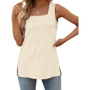 image:imageXIEERDUO Summer Tank Tops for Women Square Neck Loose Fit Casual Fashion Flowy SleevelessWhite Checkered