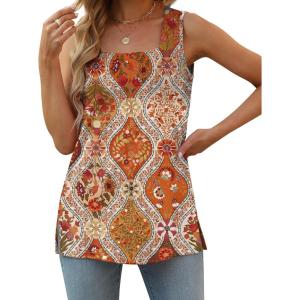 image:imageXIEERDUO Summer Tank Tops for Women Square Neck Loose Fit Casual Fashion Flowy SleevelessYelloworange Print