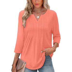 image:imageXIEERDUO Womens 34 Sleeve Tops 2026 VNeck Summer Outfits Casual Pleated Shirts Blouses Beach Vacation Spring ClothesAcoral