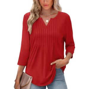 image:imageXIEERDUO Womens 34 Sleeve Tops 2026 VNeck Summer Outfits Casual Pleated Shirts Blouses Beach Vacation Spring ClothesAred