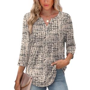 image:imageXIEERDUO Womens 34 Sleeve Tops 2026 VNeck Summer Outfits Casual Pleated Shirts Blouses Beach Vacation Spring ClothesFbeige Black Speckle